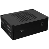 Black electronic device with branding on a white background