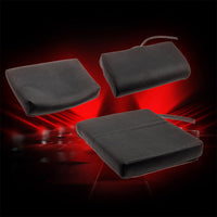 Three black rectangular cushions with straps on a red and black background